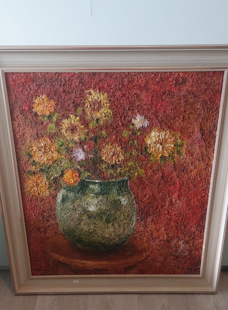 Grande nature morte aux fleurs colorées sur toile, Peinture à l'huile, Signé, Enlèvement, Toile