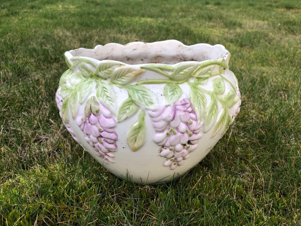 Witte bloempot met druiven, Tuin en Terras, Ophalen, Zo goed als nieuw, Terracotta