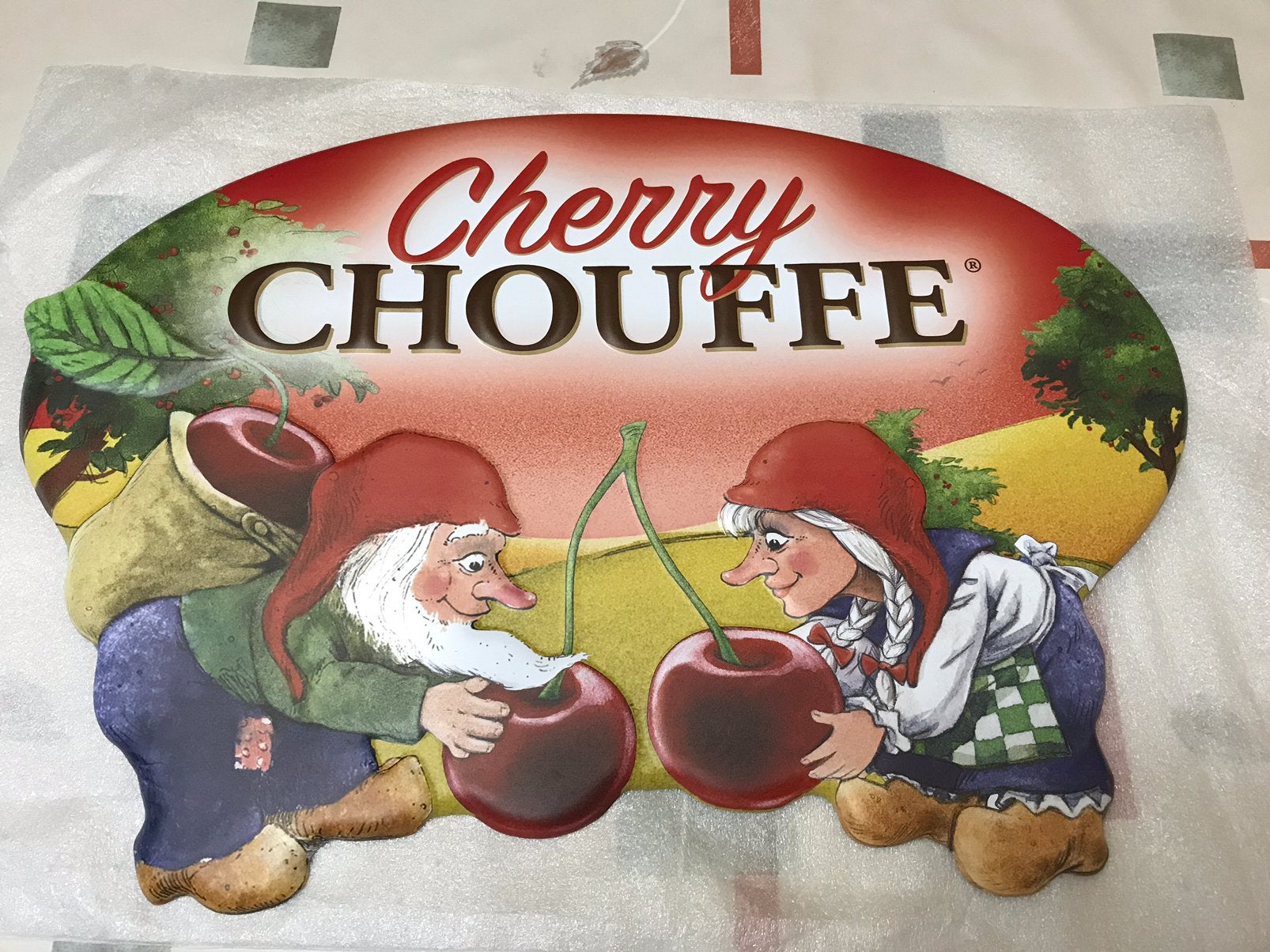 Panneau d'affichage en métal Cherry Chouffe, Collections, Marques & Objets publicitaires, Comme neuf, Panneau publicitaire, Enlèvement ou Envoi