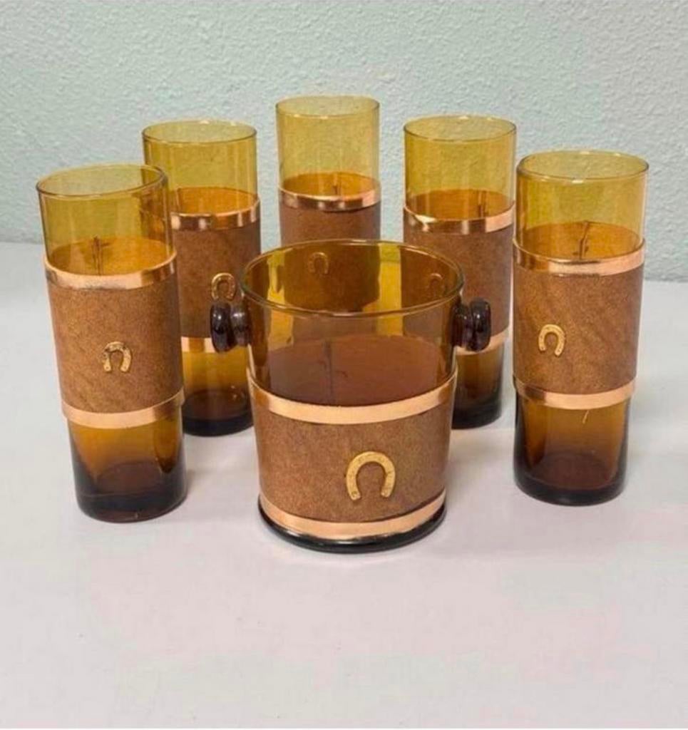 1950 5 verres à whisky seau glace cuir ambré en fer à cheval, Enlèvement ou Envoi, Comme neuf, Verres et Verres à shot