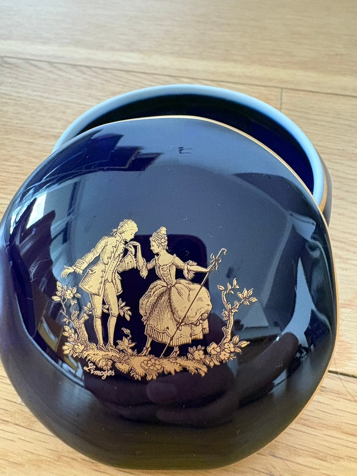 Vintage Limoges Catsel potje, goud en kobaltblauw, koppeltje, Ophalen of Verzenden