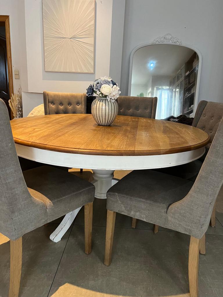Tafel, stoelen, spiegel en kastje, Ophalen of Verzenden, Zo goed als nieuw, 4 tot 6 stoelen