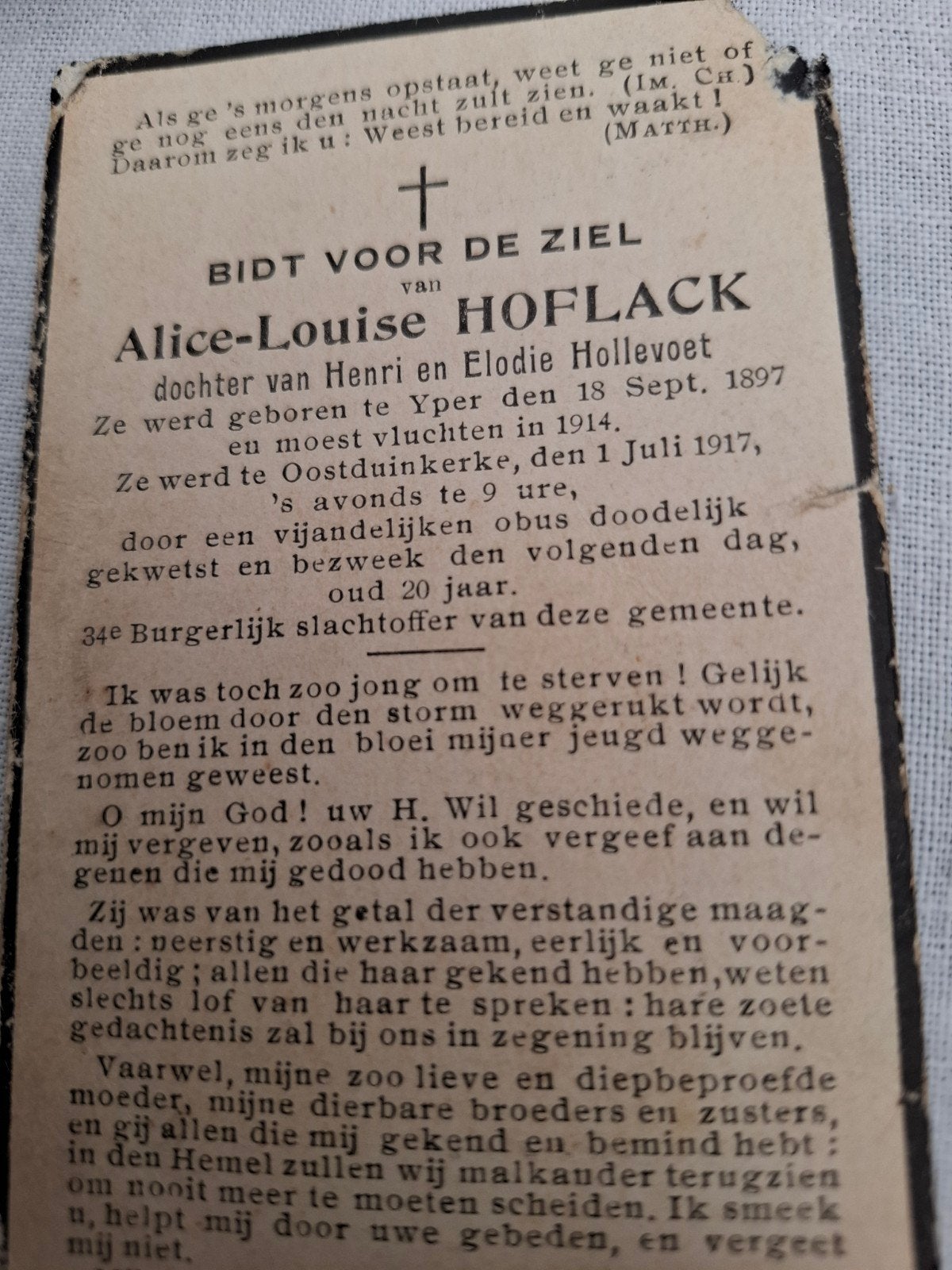 overleden door een dodelijke obus 1917, Enlèvement ou Envoi