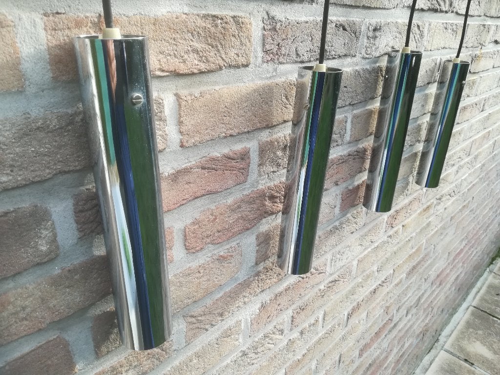 Suspension en inox 1970 : lot de 4 pièces, Ophalen of Verzenden, Zo goed als nieuw, Metaal, E27 (groot)