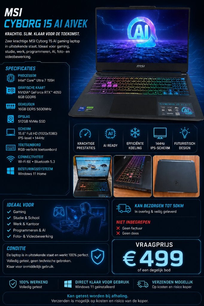 MSI Cyborg 15 AI A1VEK | Core Ultra 7| RTX 4050| 16GB |144Hz, Computers en Software, Windows Laptops, Nieuw, 15 inch, SSD, 4 Ghz of meer