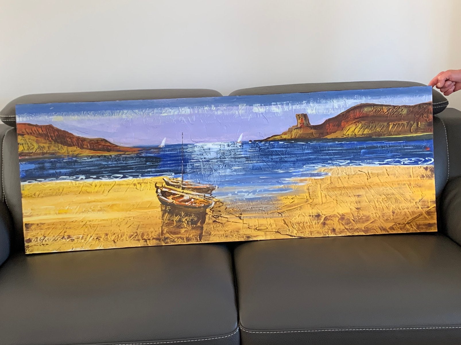 Toile représentant un bateau sur une plage, Antiek en Kunst, Kunst | Schilderijen | Abstract, Ophalen