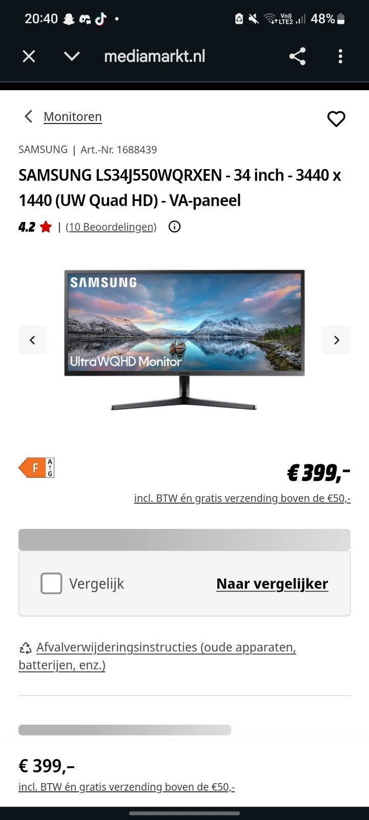 Samsung 34" Ultrawide Monitor – 34401440, Ophalen, Zo goed als nieuw, Ultrawide, Gaming