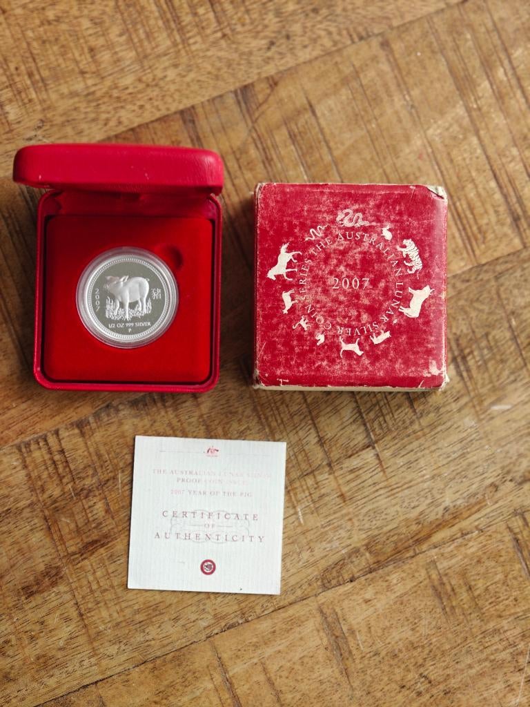 2007 lunar series 1 year of the pig 1/2 oz proof, Ophalen of Verzenden, Zilver