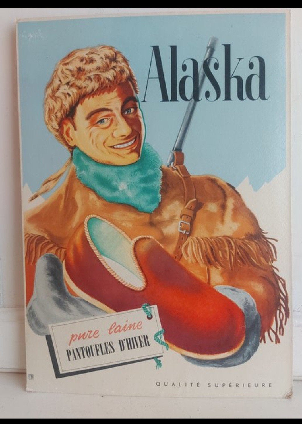 Vintage 1950 Reclamebord Alaska Pantoffels Karton 42cm, Verzamelen, Ophalen of Verzenden, Gebruikt, Reclamebord