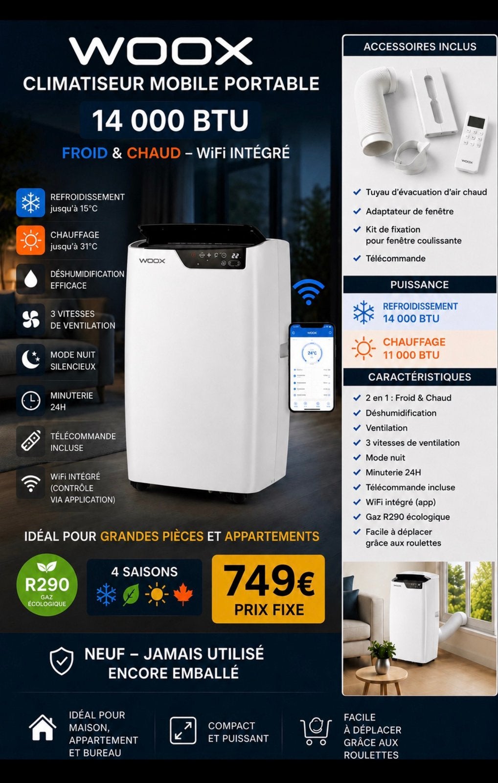 Climatiseur Mobile 14.000 BTU WiFi – Froid & Chaud – Neuf, Ophalen, Koelen en Ontvochtigen, Timer, Nieuw