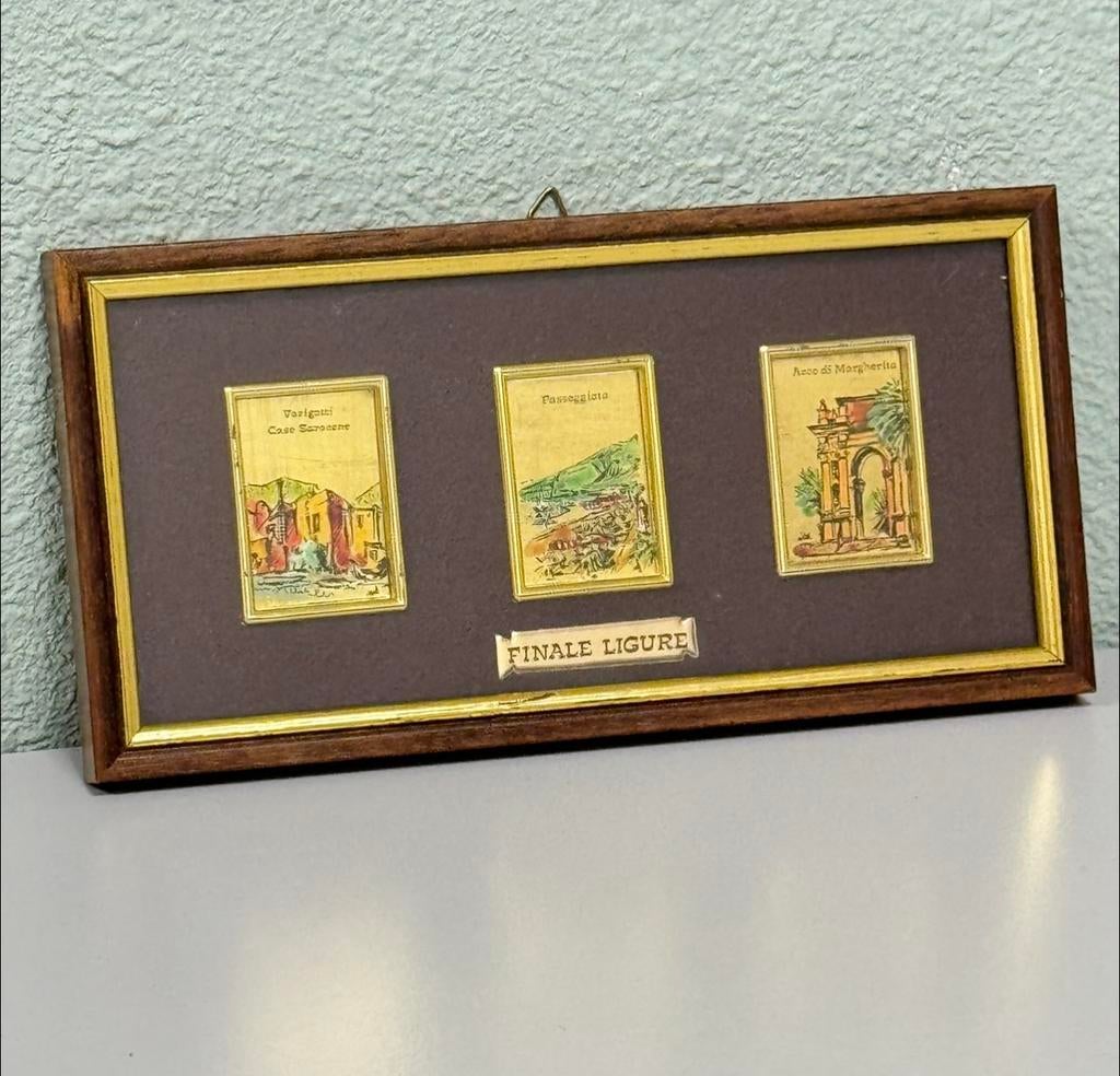 3 mini-peintures italienne encadrées en or 23 carats, Italie, Enlèvement ou Envoi