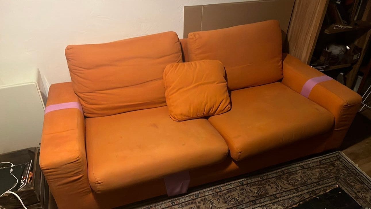 Oranje zetel, Huis en Inrichting, Zetels | Zetels en Chaises Longues, Gebruikt, 200 tot 250 cm, 75 tot 100 cm, Stof, Ophalen