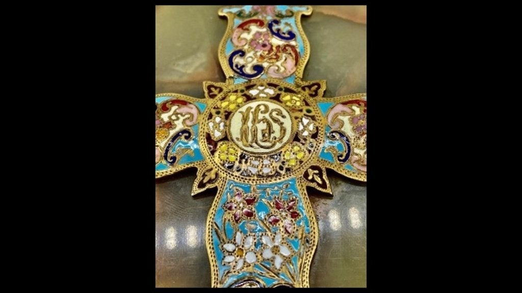 Cloisonné stoup-geëmailleerd kruis-Frankrijk(+/-1850-1870), Antiek en Kunst, Ophalen