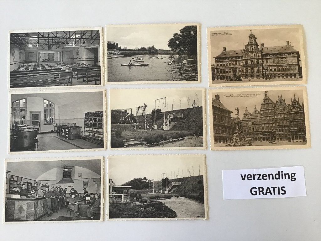 8 oude postkaarten van Antwerpen (deels leger) aan 1 euro, Ophalen of Verzenden, 1940 tot 1960, Ongelopen, Antwerpen