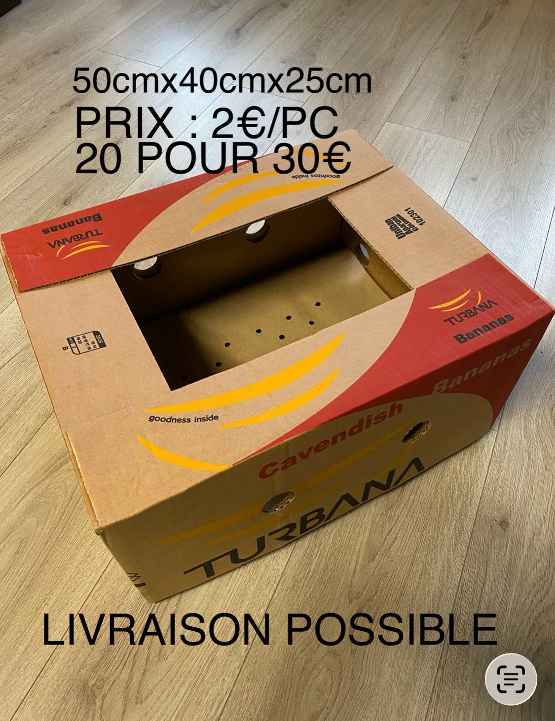 Caisse Banane en stock, 50cmx40cmx25cm, prix : 2€/pc, Enlèvement ou Envoi, Comme neuf