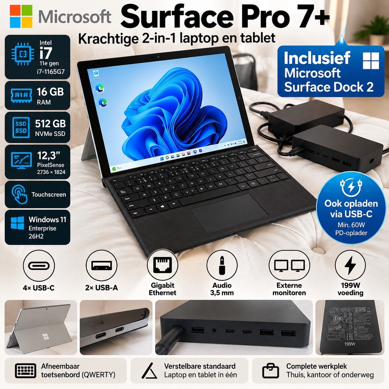 Microsoft Surface Pro 7+ i7 16GB 512GB NVMe + Dock 2 QWERTY, Computers en Software, Zo goed als nieuw, SSD, 3 tot 4 Ghz, 16 GB