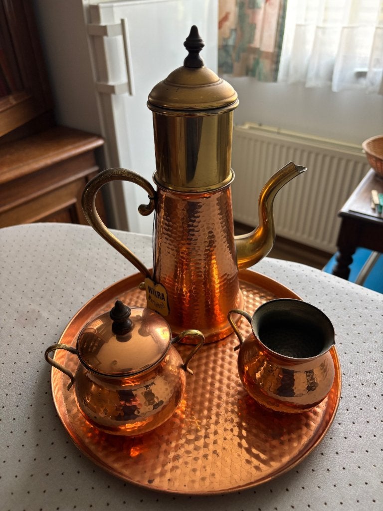 Vintage koperen koffiekan, suiker en melkpot, Ophalen