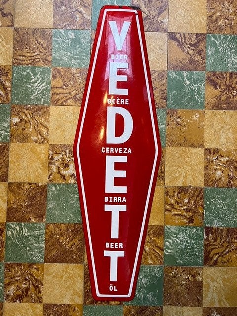 Emaille reclamebordje bier Vedett rood, Verzamelen, Ophalen