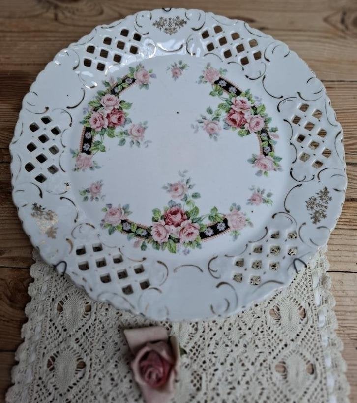 Prachtig oud groot opengewerkt wandbord, roze roosjes, Antiek en Kunst, Ophalen of Verzenden