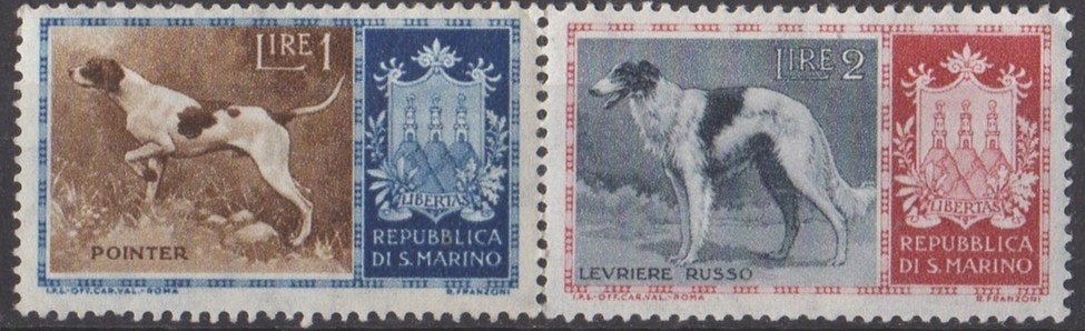 San Marino - Honden -Pointer & Barsai (windhond) - 1956, Verzenden