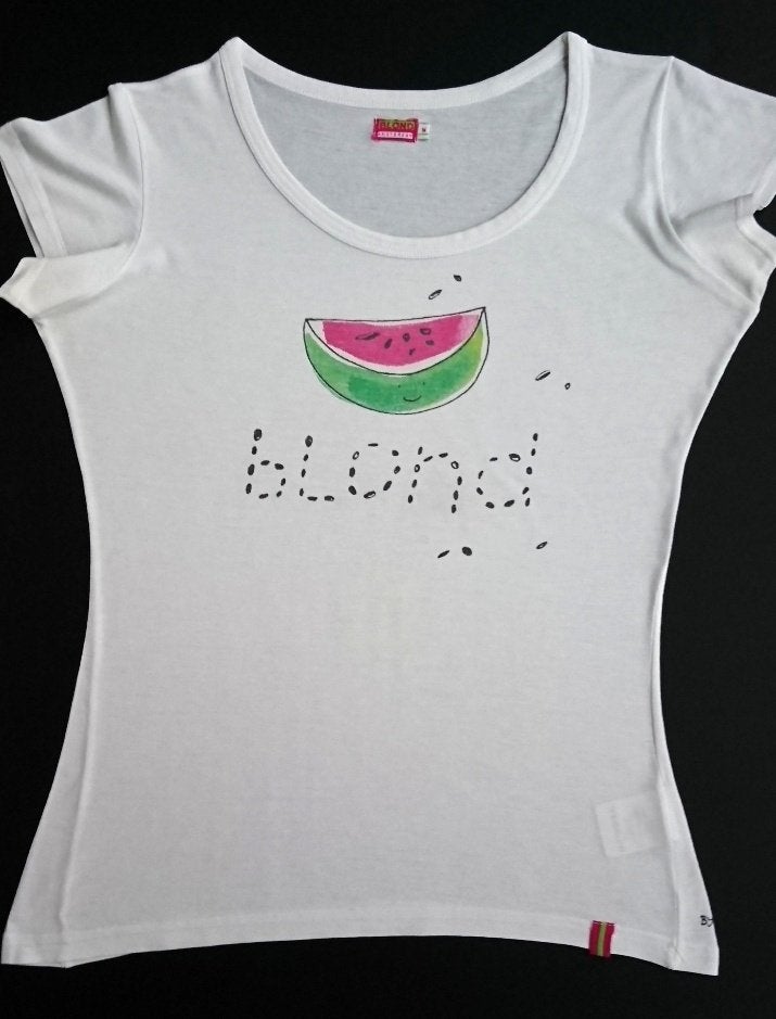 Wit zomers t-shirt / shirt met watermeloen en -pitten / M, Kleding | Dames, T-shirts, Maat 38/40 (M), Wit, Blond, Ophalen of Verzenden