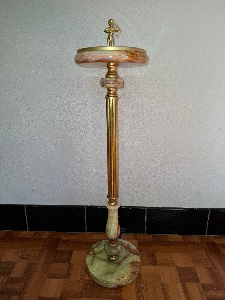 Vintage Onyx Marmer & Messing Staande Asbak, Ophalen