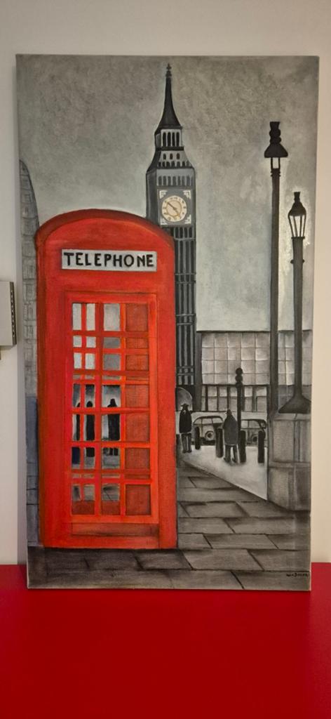 Schilderij rode telefooncel, Antiek en Kunst, Kunst | Schilderijen | Modern, Ophalen