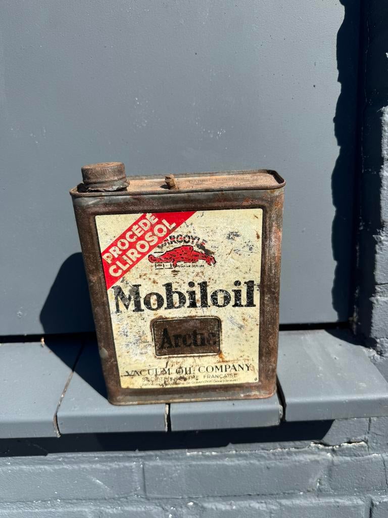 Mobiloil oud reclame olieblik, Verzamelen, Ophalen of Verzenden, Gebruikt, Verpakking