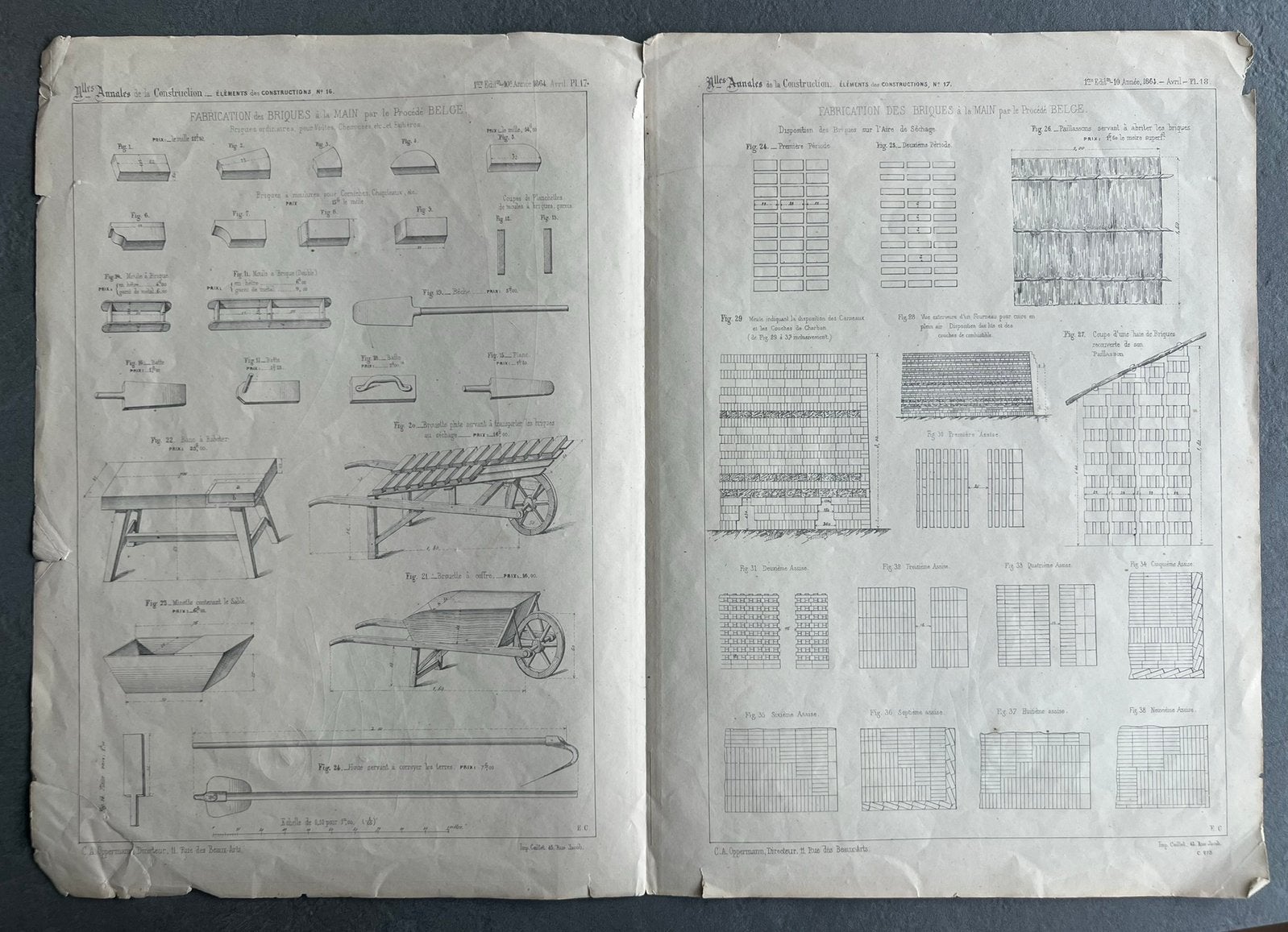 2 grote antieke planken 1864 — Vervaardiging van bakstenen, 1800 - 1899, Architectuur, Ophalen of Verzenden, Gravure