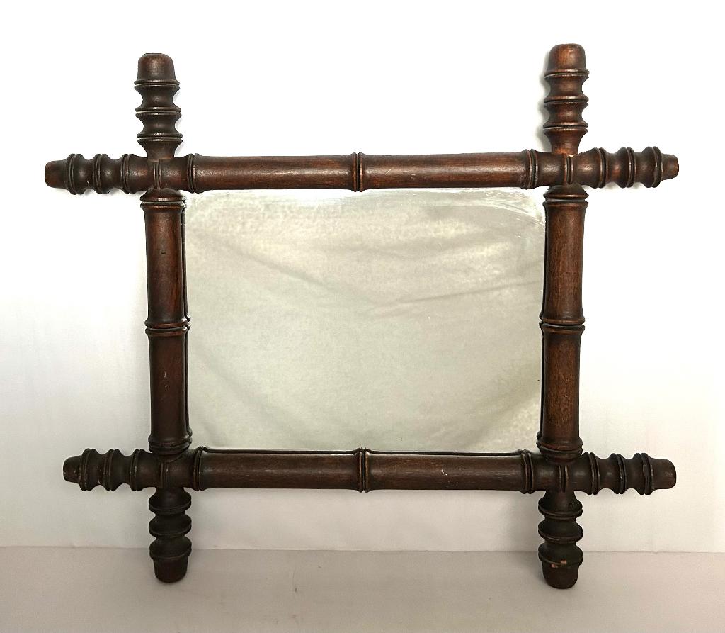 Antieke Houten Faux Bamboe Bambou Spiegel 43x38cm, Antiek en Kunst, Ophalen of Verzenden