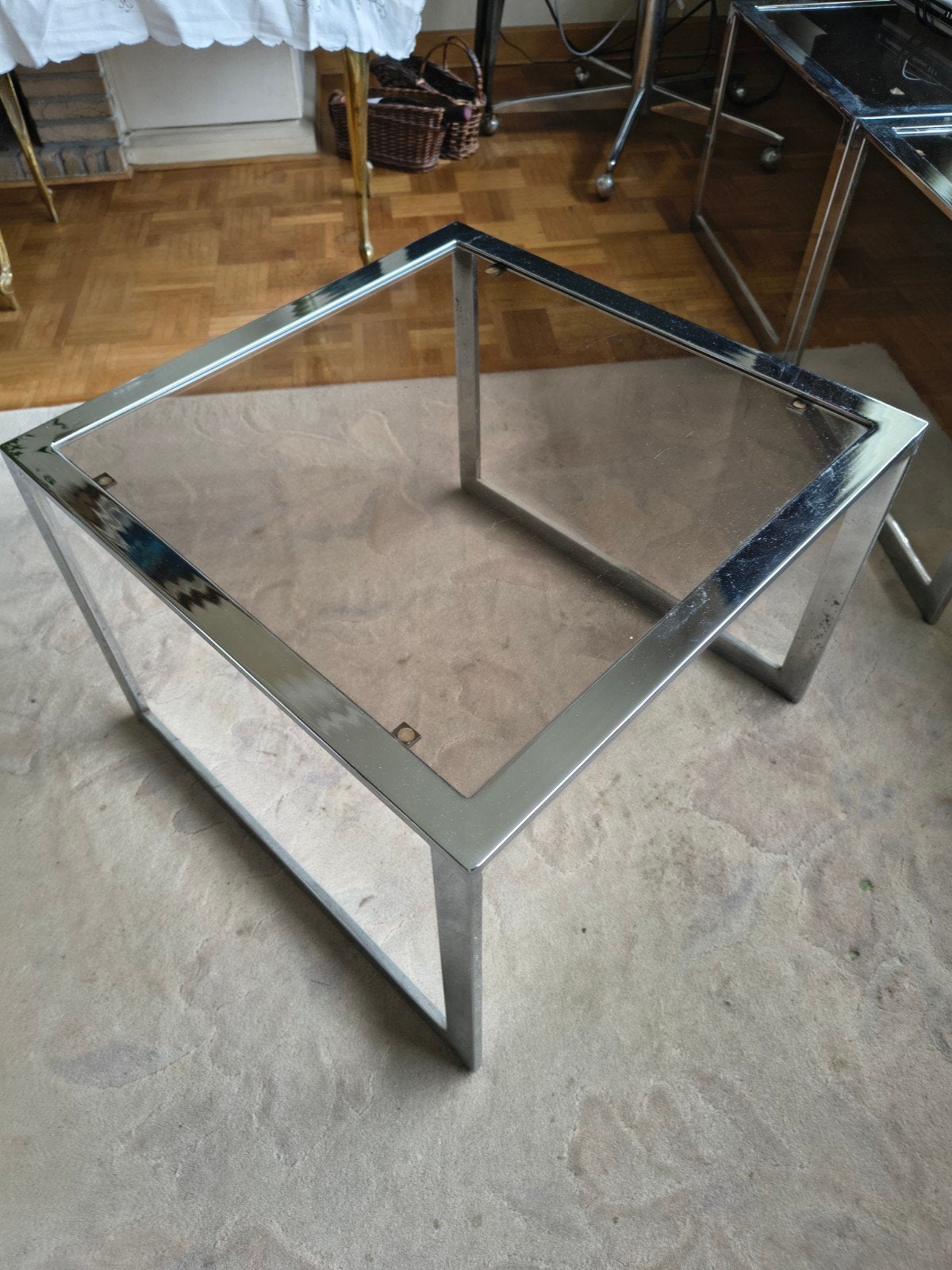 Vintage bijzettafel, glas en inox, Ophalen