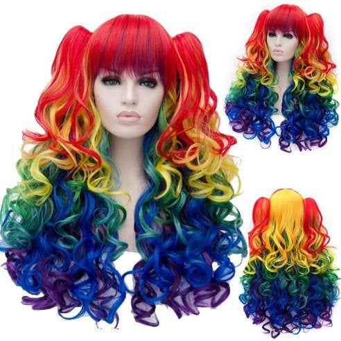 Luxe rainbow multi-color pruik met krullen en 2 staarten, Handtassen en Accessoires, Ophalen of Verzenden, Nieuw