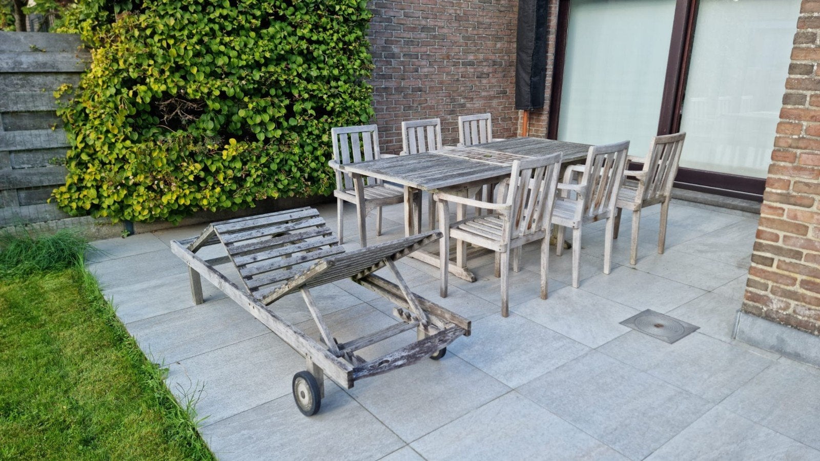 tuintafel + 6 tuinstoelen  + ligbed, Jardin & Terrasse, Utilisé, Rectangulaire, Enlèvement, Bois de teck