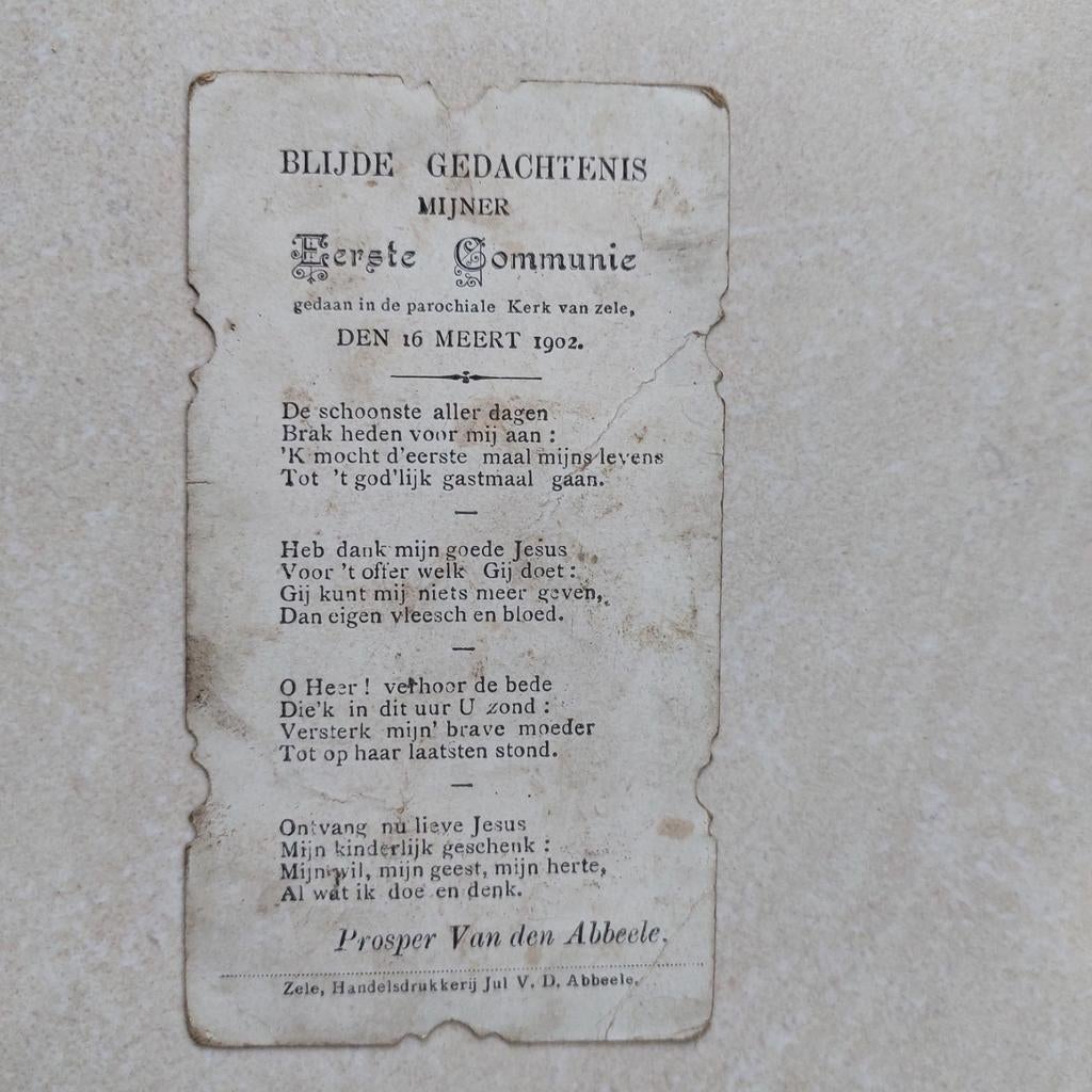 Oud communieprentje 1902 - Zele, Verzamelen, Bidprentjes en Rouwkaarten, Ophalen of Verzenden