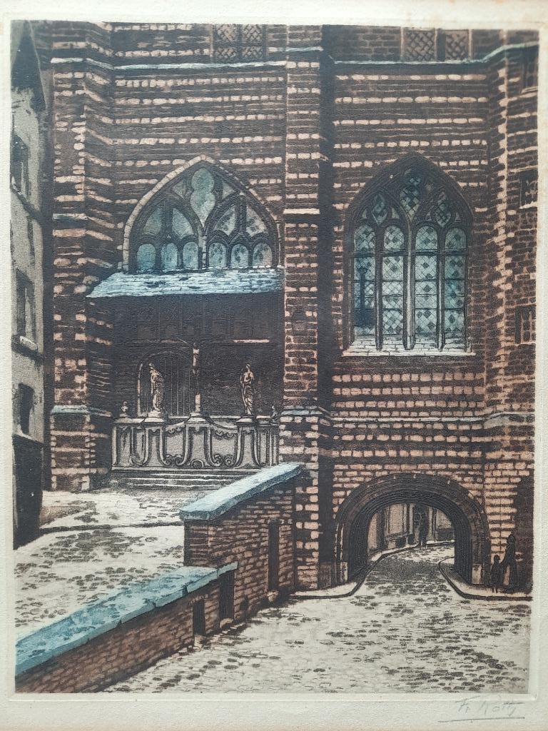 Gekleurde ets 'Bloedberg Antwerpen' Fr. Rotty, Ophalen of Verzenden