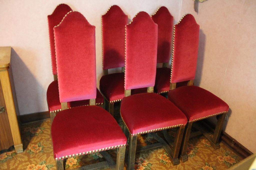 Vol Eiken stoelen met rode velours bekleding, 6 stuks, Enlèvement