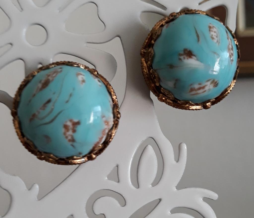 Antieke vergulde oorclips met Boheemse turquoise glas, Verzenden, Oorbellen