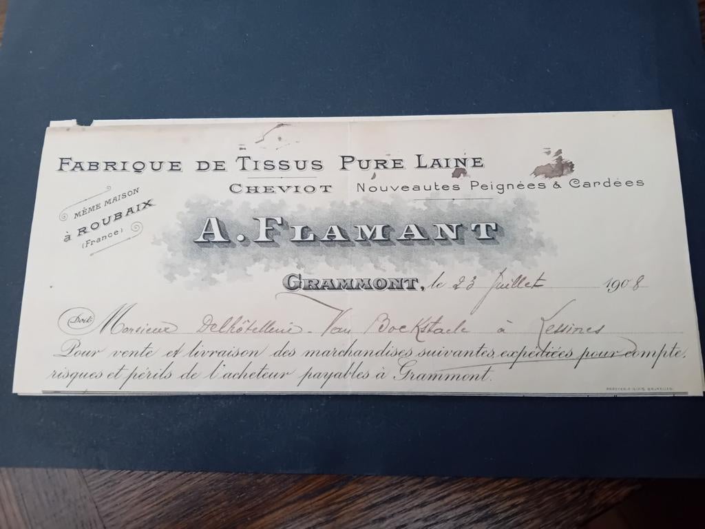 Oude factuur A. FLAMANT GERAARDSBERGEN 1908, Ophalen of Verzenden