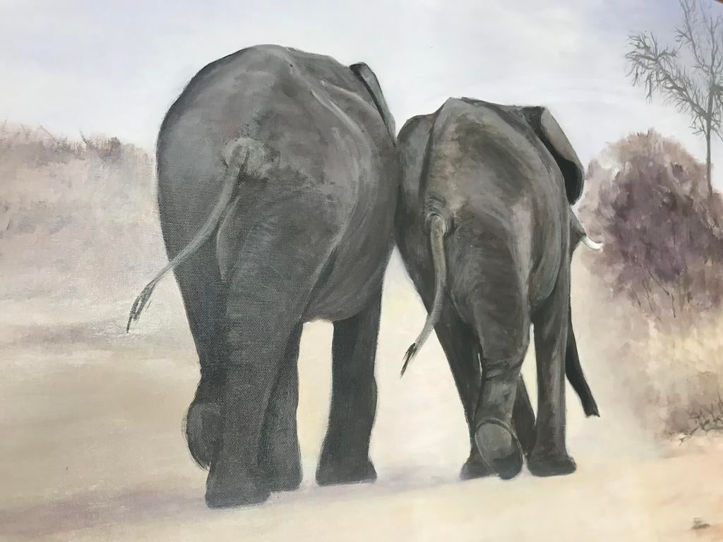 Prachtig schilderij met olifanten van Catja Nijboer op doek., Ophalen