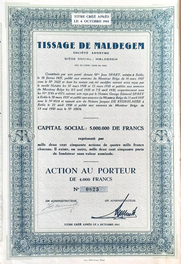 Tissage de Maldegem - action au porteur - 1950, Ophalen of Verzenden, 1920 tot 1950, Aandeel