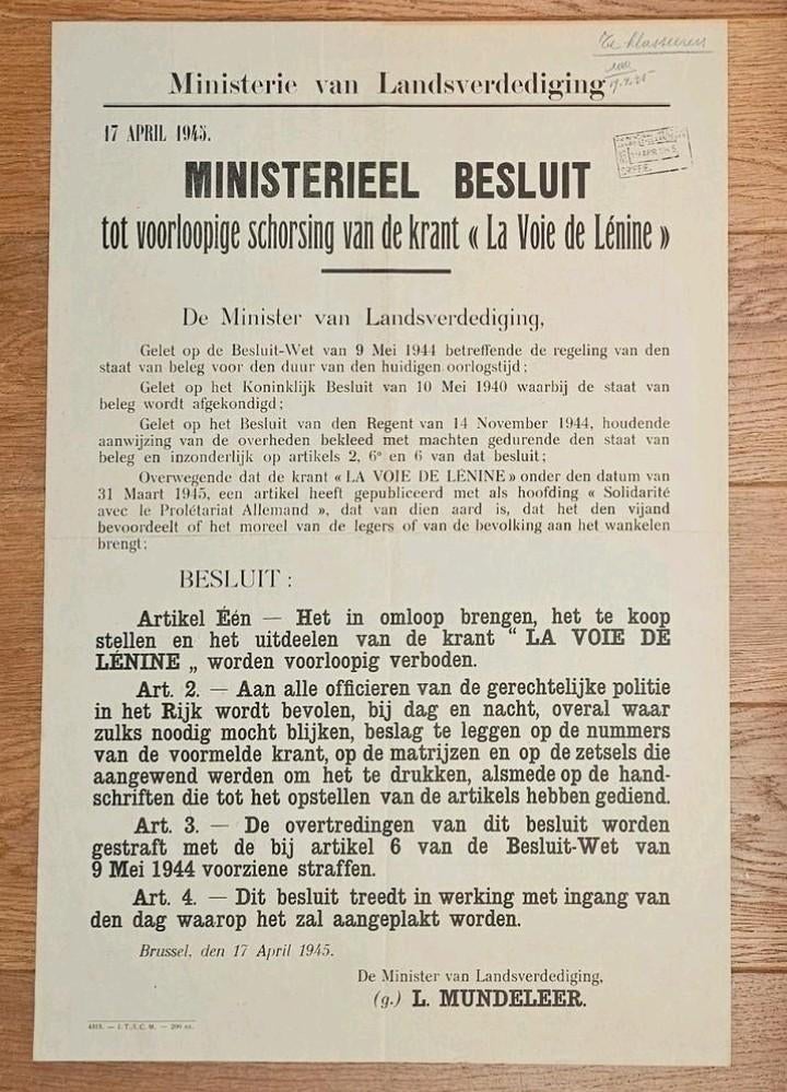 Affiche 1945 - schorsing "La Voie de Lénine", Verzamelen, Militaria | Tweede Wereldoorlog, Ophalen of Verzenden
