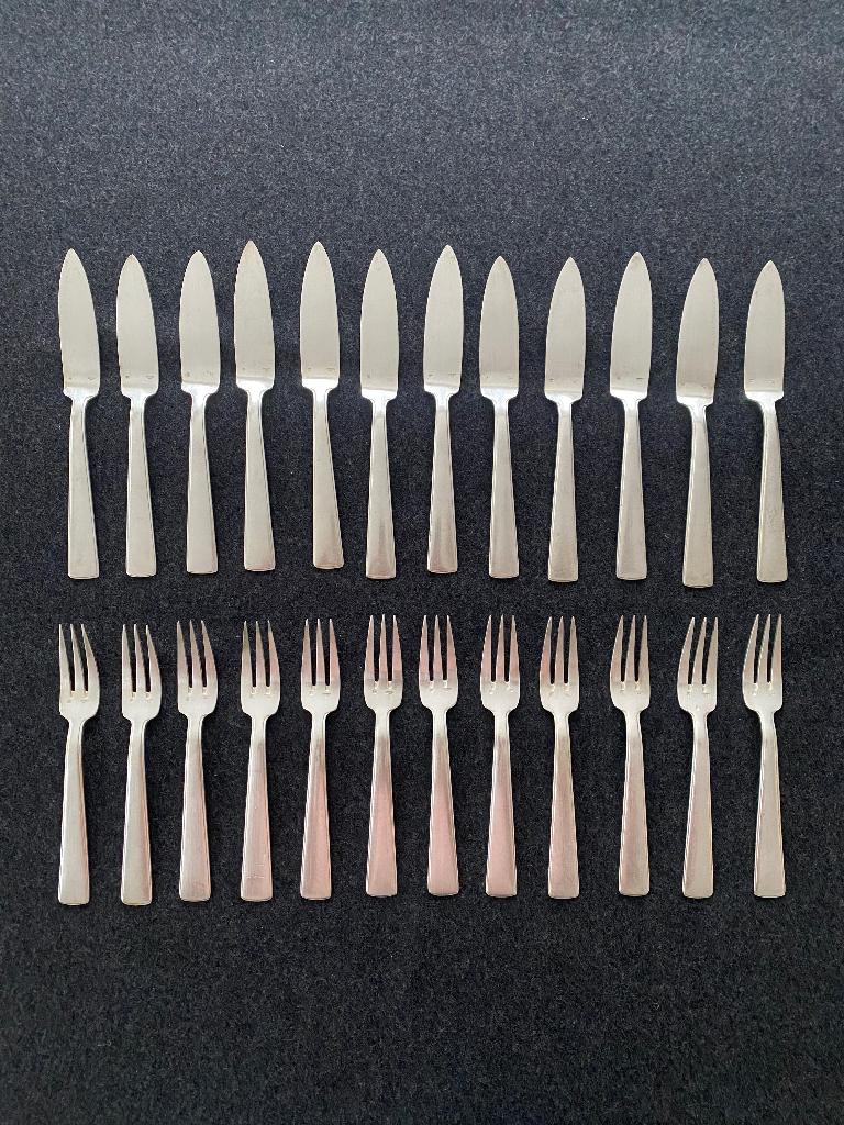 Vintage Art Deco verzilverde Ercuis vismessen, vorken, 12, Antiek en Kunst, Ophalen