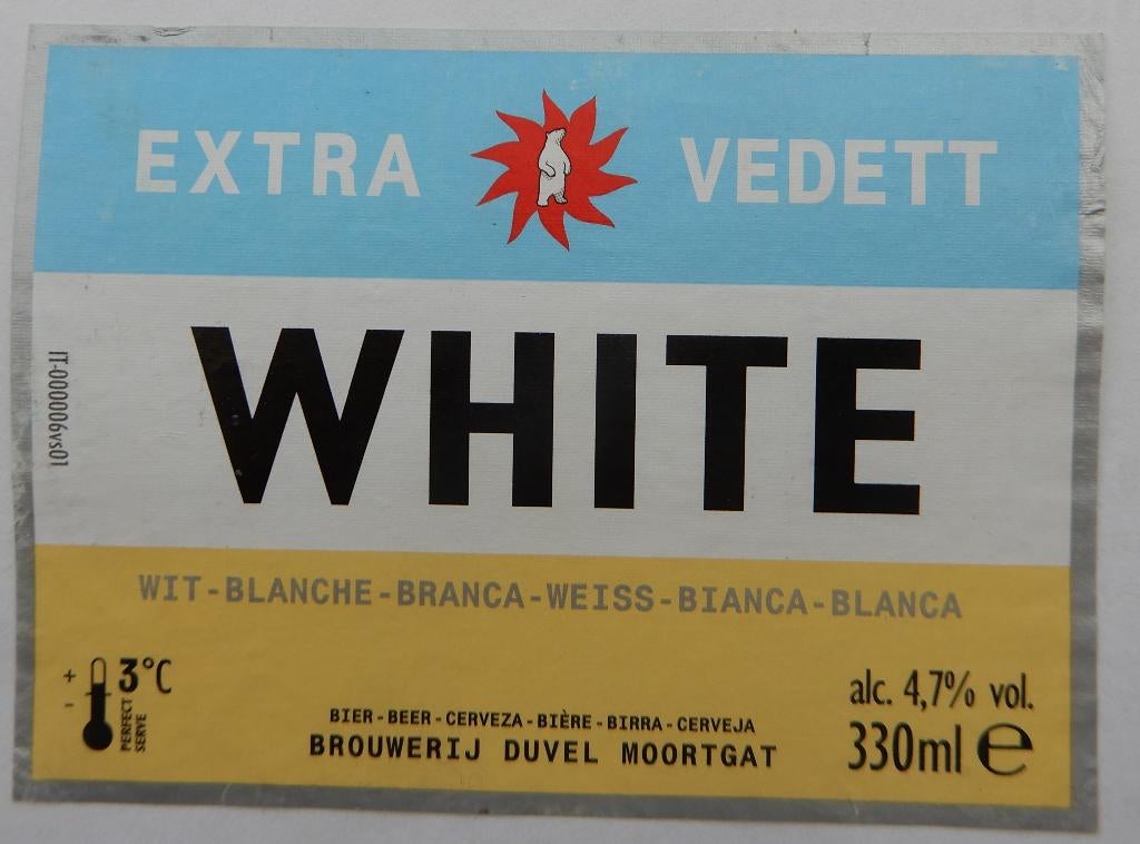 Étiquette de bière White extra Vedett Duvel Moortgat (11s7), Collections, Marques de bière, Utilisé, Duvel, Envoi