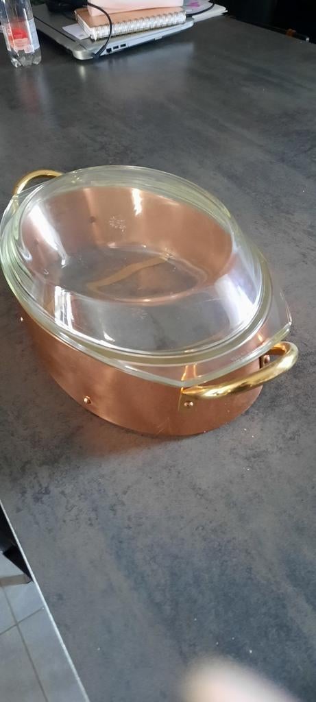 Pyrex pot schotel met houder in koper groot, Ophalen, Zo goed als nieuw