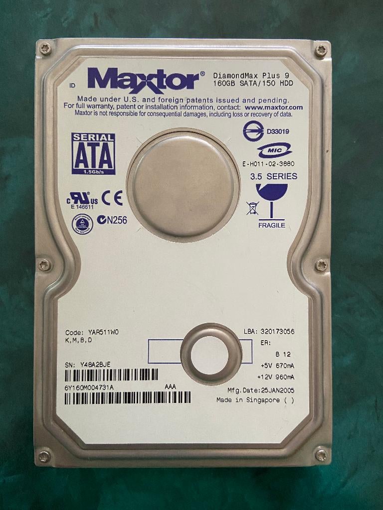 Maxtor DiamondMax Plus 9 – 160GB SATA HDD – Retro Computing, Informatique & Logiciels, Disques durs, Utilisé, Desktop, Interne