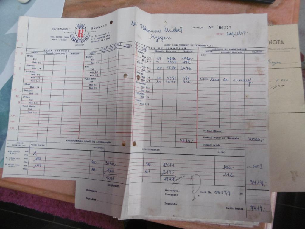 verzamel oude facturen 1958 brouwerij roman met kredietnotas, Ophalen of Verzenden, Gebruikt, Overige typen, Overige merken