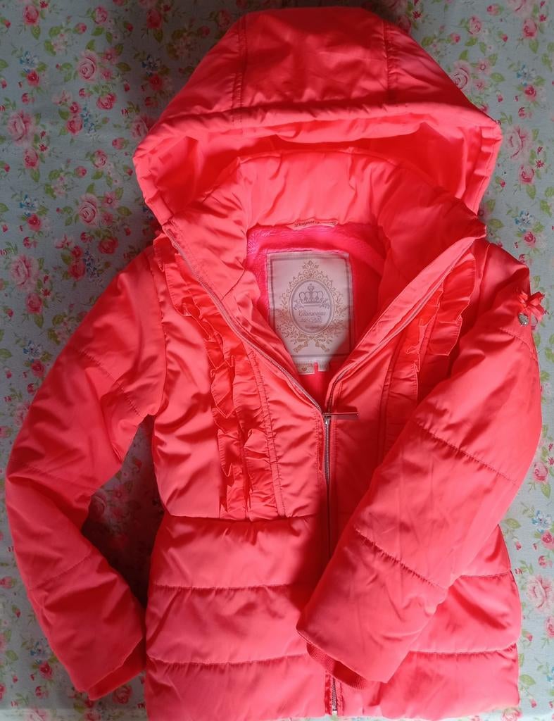 Oranje-roze winterjas Le Chic maat 140, Kinderen en Baby's, Kinderkleding | Maat 140, Zo goed als nieuw, Ophalen of Verzenden