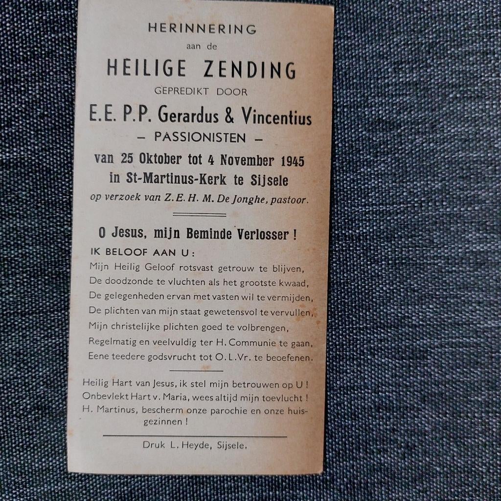 Bidprentje Sijsele : H.Zending 1945, Verzamelen, Ophalen of Verzenden, Bidprentje