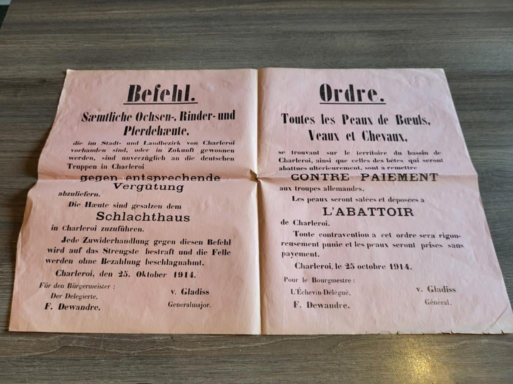 ordre population Charleroi, Belgique 1WW, Envoi