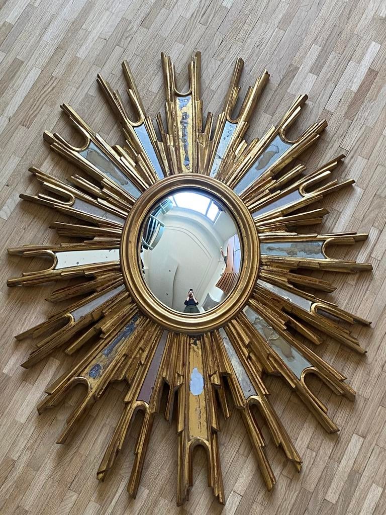 Grote vintage sunburst spiegel – verguld hout, Ophalen, Ovaal, 50 tot 100 cm, Minder dan 100 cm